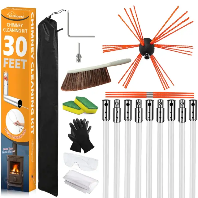 Sealegend 30-foot chimney sweep kit with rotary brush and nine rods