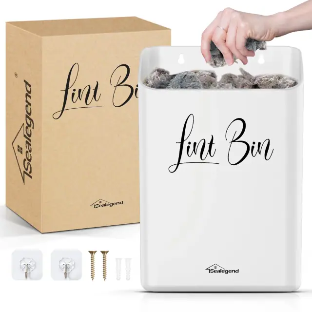 Gray and white Sealegend magnetic lint bin for laundry-room storage